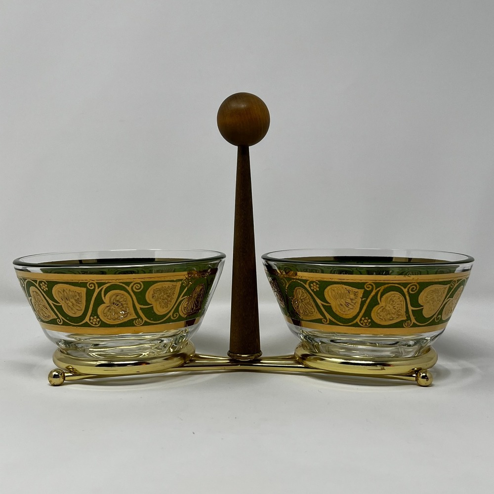 Culver‎ Vintage MCM Green Gold Leaf Glass Snack Caddy Set Wood Brass Handle